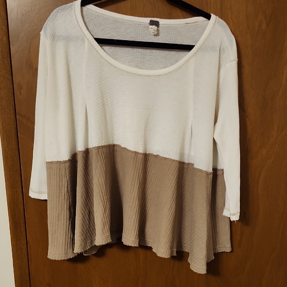 We The Free White and Brown Color Block Blouse